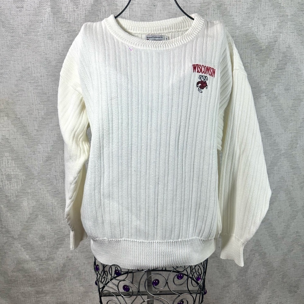 VTG wisconsin active sportswear white knit embroidered logo sweater size XS